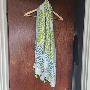 White, Lime Green, Teal Patterned Scarf With Tassles